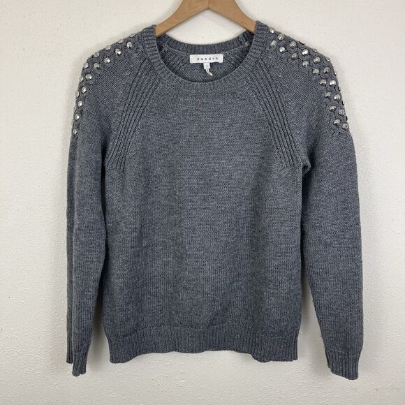 Sandro Paris Studded Sleeve Wool Blend Crew Neck Sweater Size 2 Medium Gray Knit - Picture 1 of 4